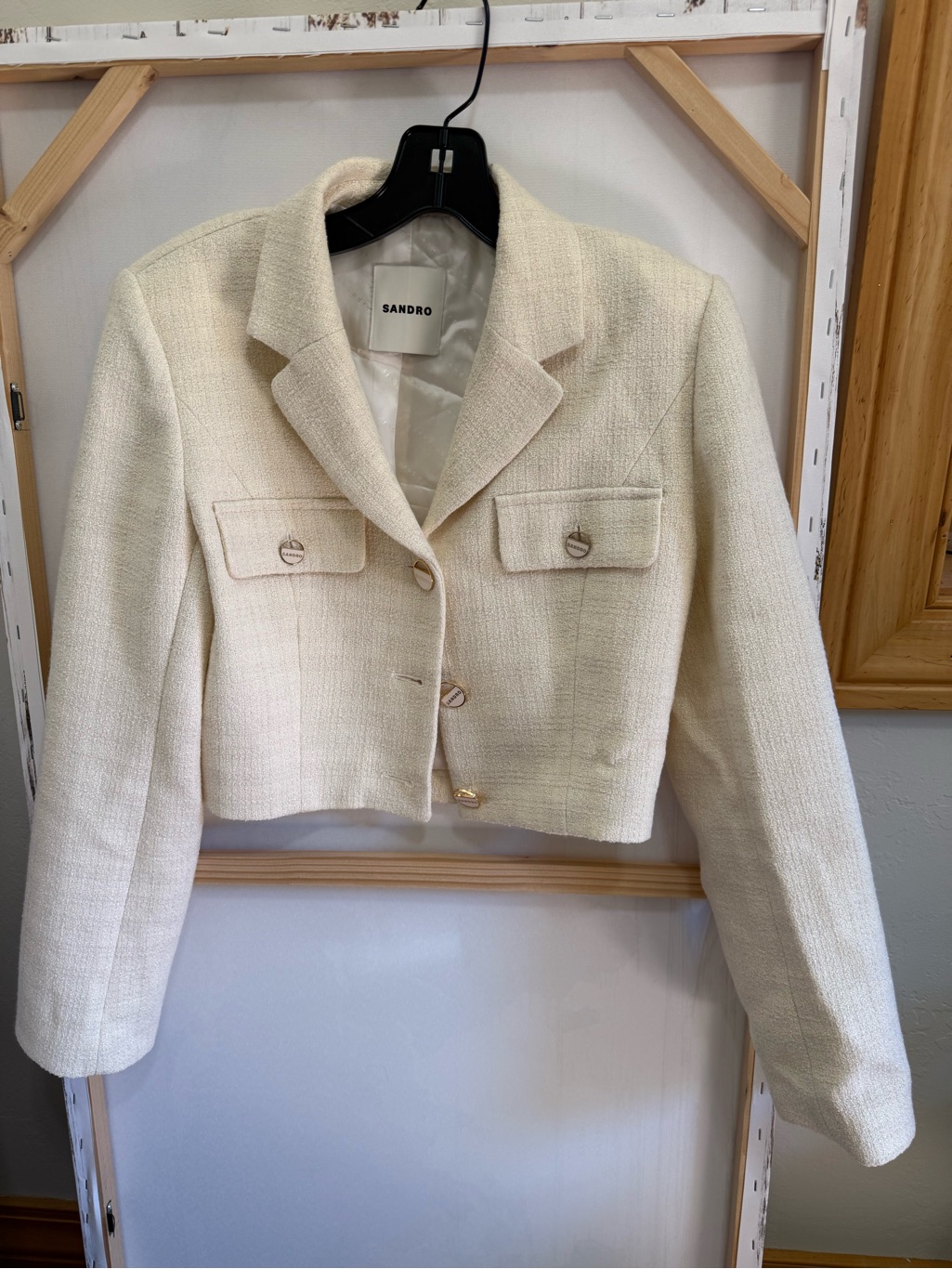 Sandro Ivory Cropped Tweed Blazer With Gold Buttons